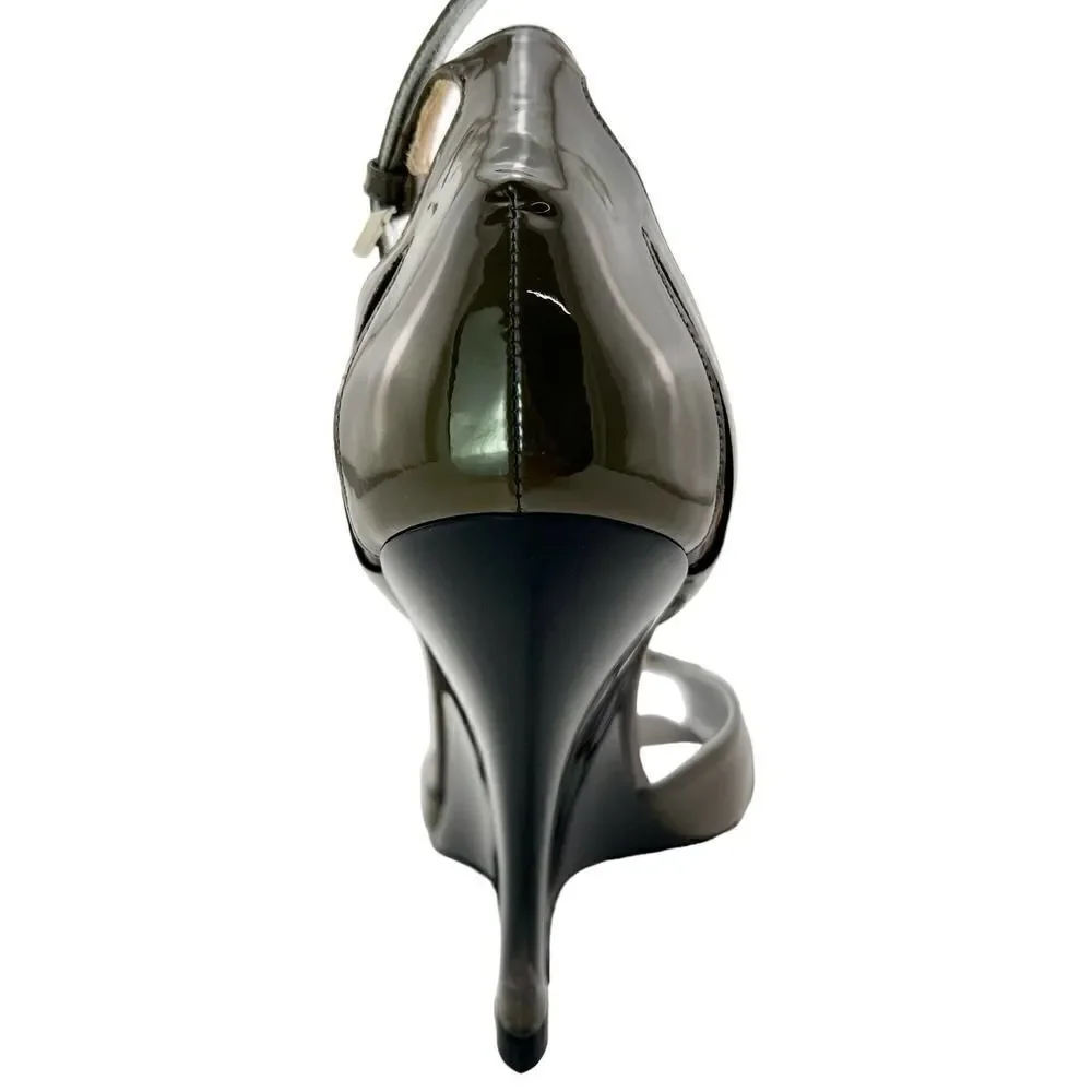 New Giorgio Armani Women US 8.5 Shoes Gray Patent Leather Wedge Heel Sandals